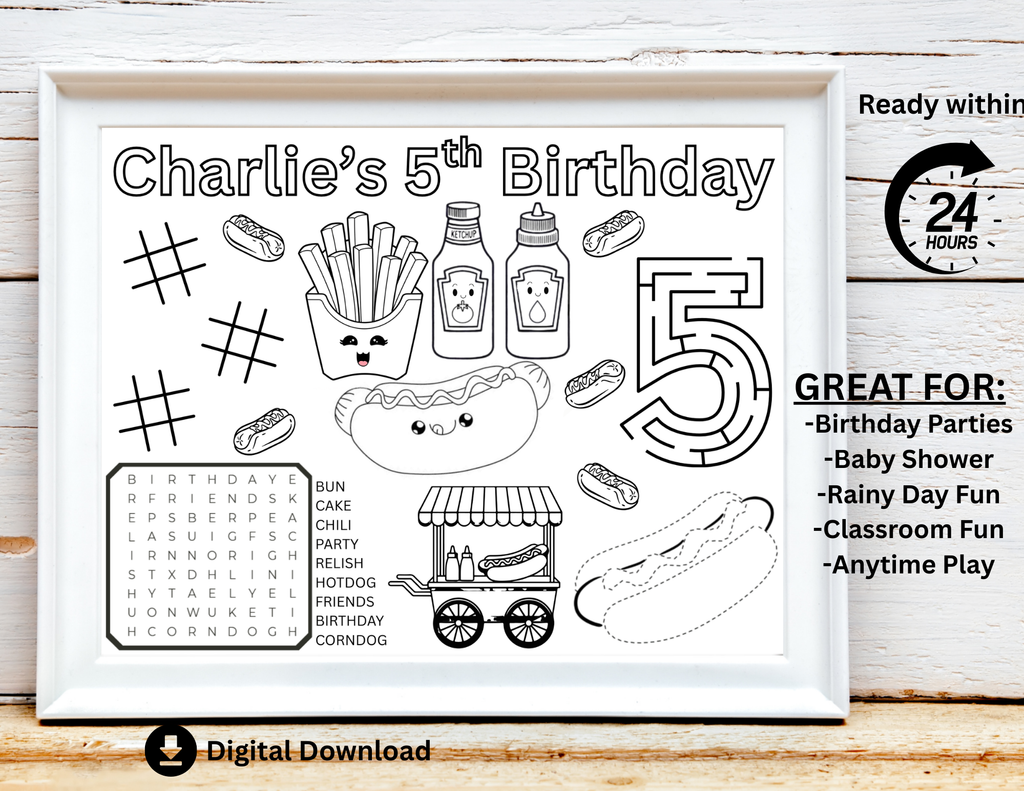 PERSONALIZED Hotdog Birthday Party Activity Placemat, One Hot Diggity Dog, Picnic BBQ Favor, Hot Dog Theme Party Games, Hotdog Coloring Page