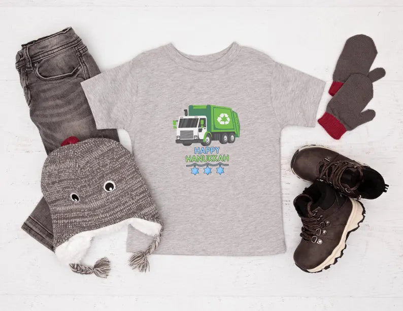 Hanukkah Kids Shirt, Menorah Trash Truck Toddler/Baby Tshirt, Jewish Kids T-shirt, Hanukkah Gift, Garbage Truck Chanukah Tee, Kids Truck Tee