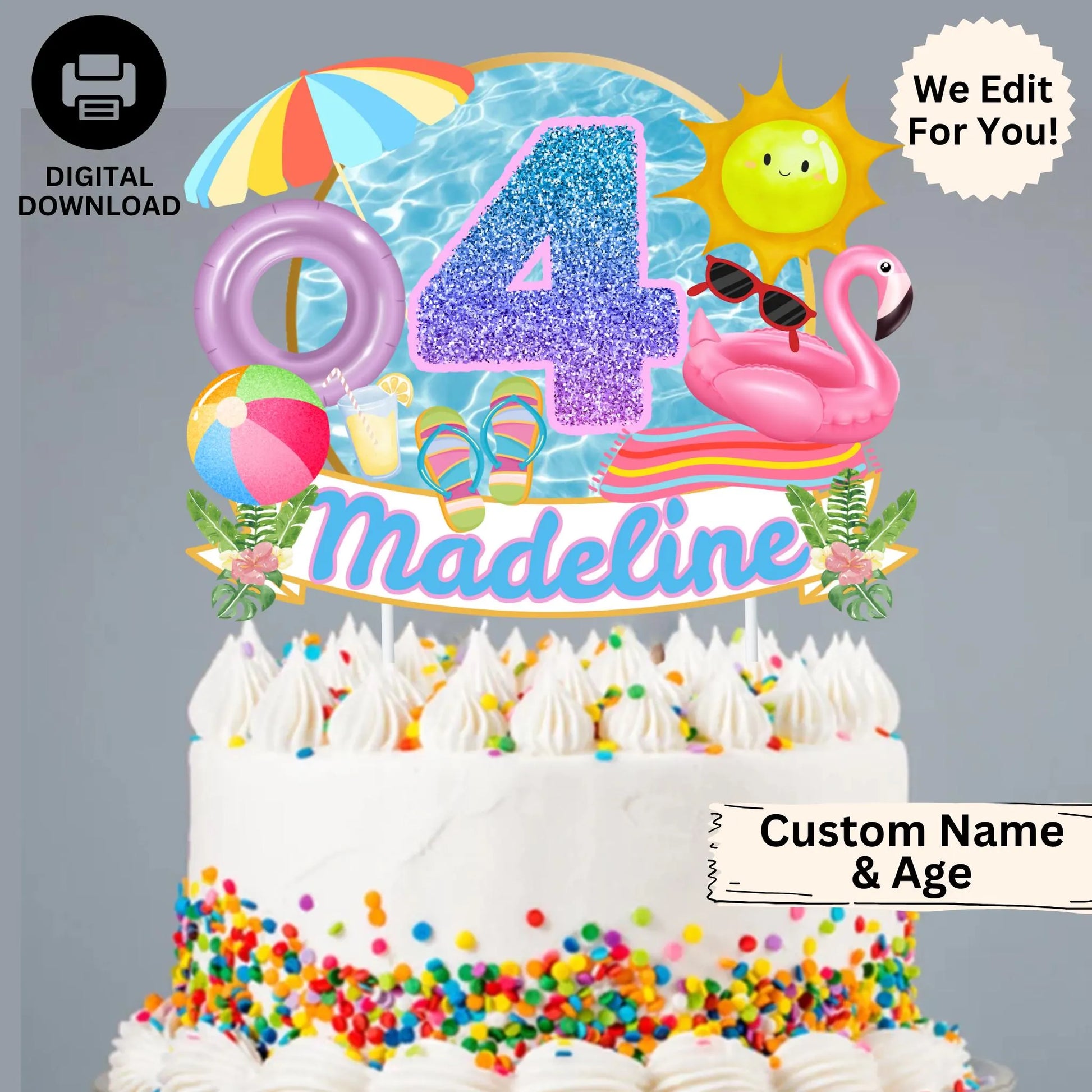 Personalized Pool Party Birthday Cake Topper, Pool Themed Party Cake Topper, Summer Party Cake Topper, Swim Theme Party Decor, Beach Topper