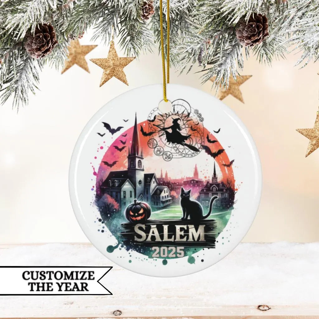 Personalized Salem Ornament, Watercolor Witch City Gift, Salem Massachusetts Christmas Ornament, Salem MA Souvenir, Witchy Vacation Keepsake