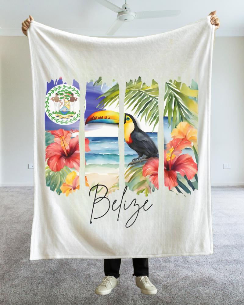 Belize Plush Velveteen Blanket, Belizean Home Decor, Travel Gift, Housewarming Gift, Belize Souvenir, Tropical Cozy Belizean Flag Blanket