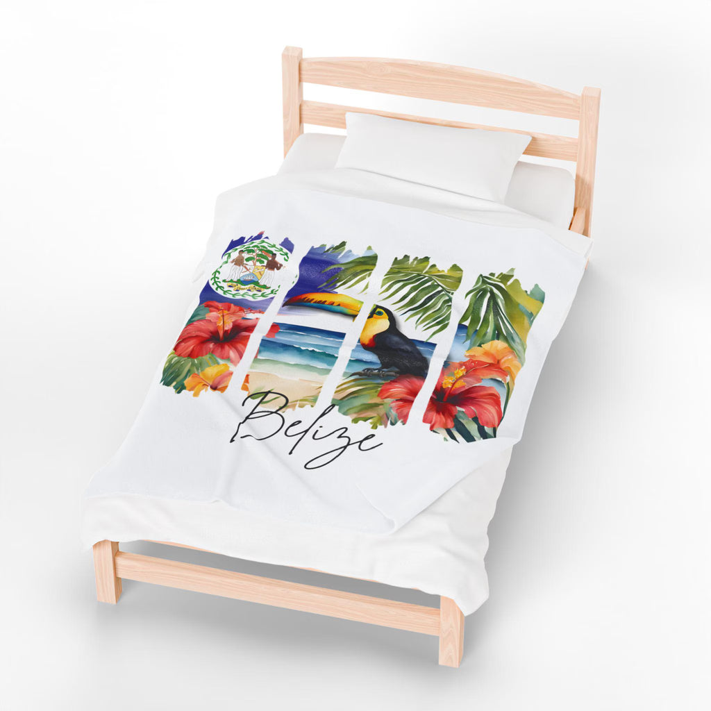 Belize Plush Velveteen Blanket, Belizean Home Decor, Travel Gift, Housewarming Gift, Belize Souvenir, Tropical Cozy Belizean Flag Blanket