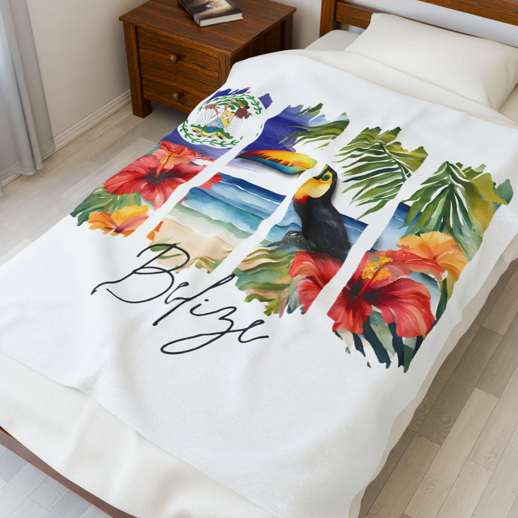 Belize Plush Velveteen Blanket, Belizean Home Decor, Travel Gift, Housewarming Gift, Belize Souvenir, Tropical Cozy Belizean Flag Blanket