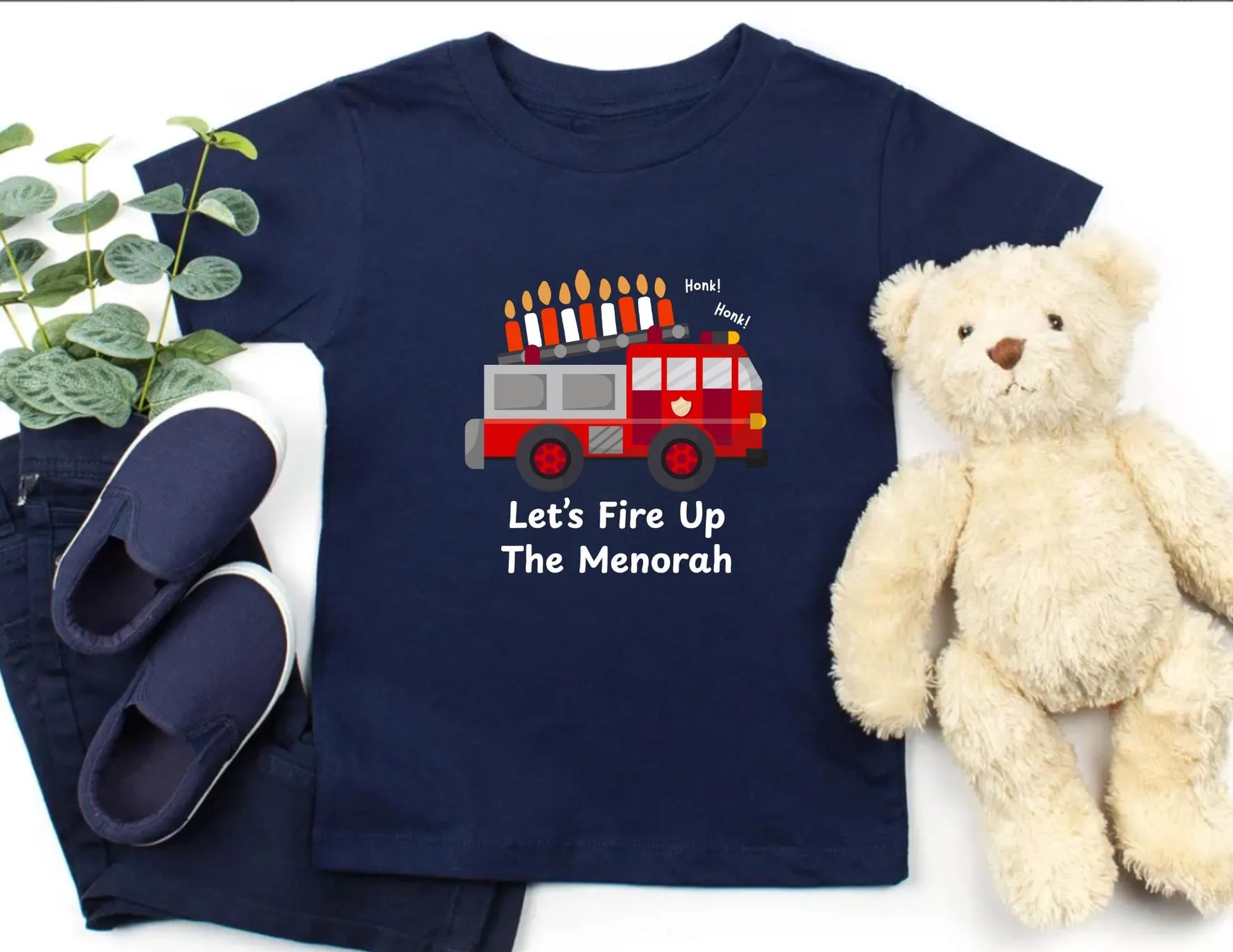 Hanukkah Kids Shirt, Menorah Fire Truck Toddler/Baby Tshirt, Jewish Kids T-shirt, Hanukkah Gift, Firetruck Chanukah Tee, Kids Firetruck Tee