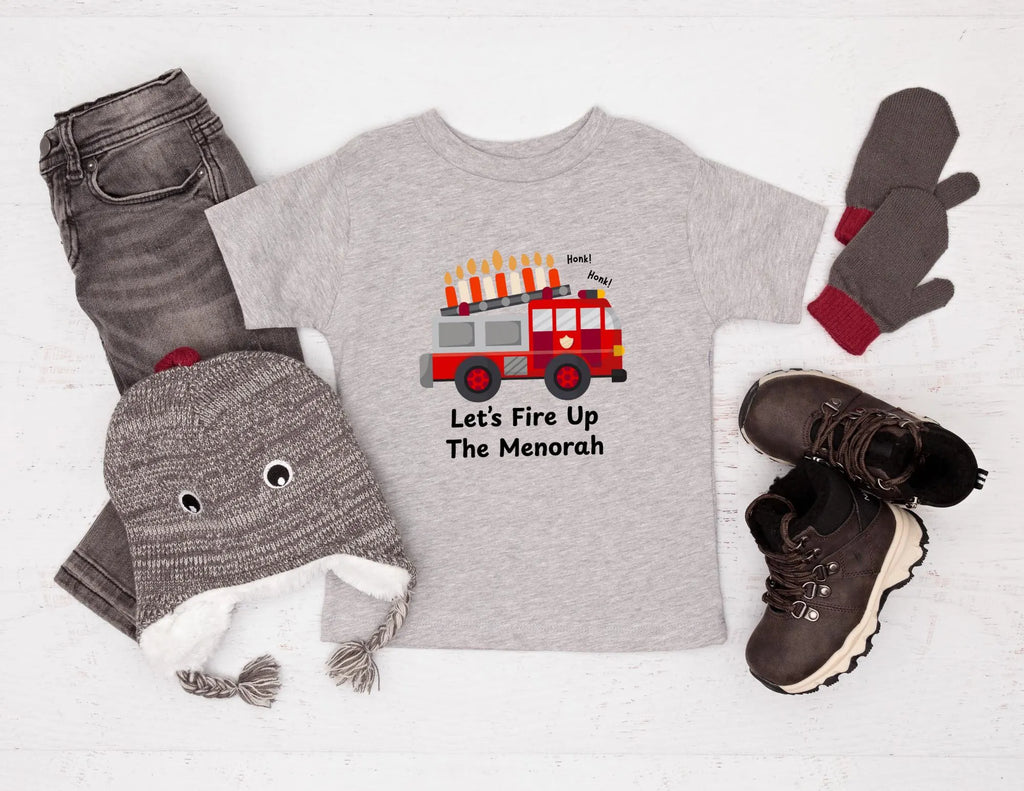 Hanukkah Kids Shirt, Menorah Fire Truck Toddler/Baby Tshirt, Jewish Kids T-shirt, Hanukkah Gift, Firetruck Chanukah Tee, Kids Firetruck Tee
