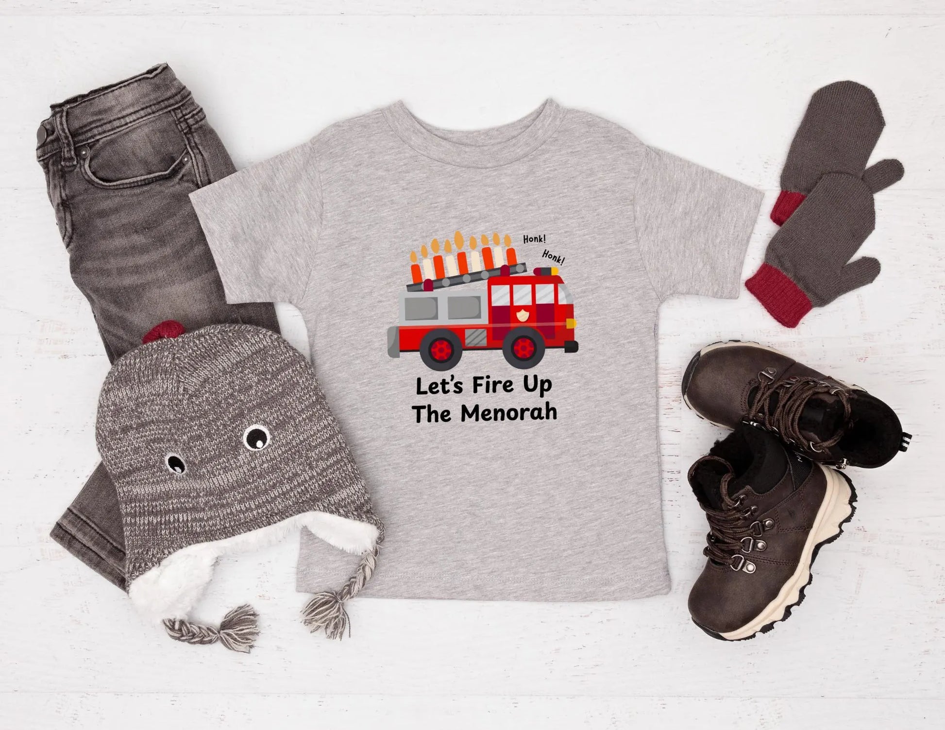 Hanukkah Kids Shirt, Menorah Fire Truck Toddler/Baby Tshirt, Jewish Kids T-shirt, Hanukkah Gift, Firetruck Chanukah Tee, Kids Firetruck Tee