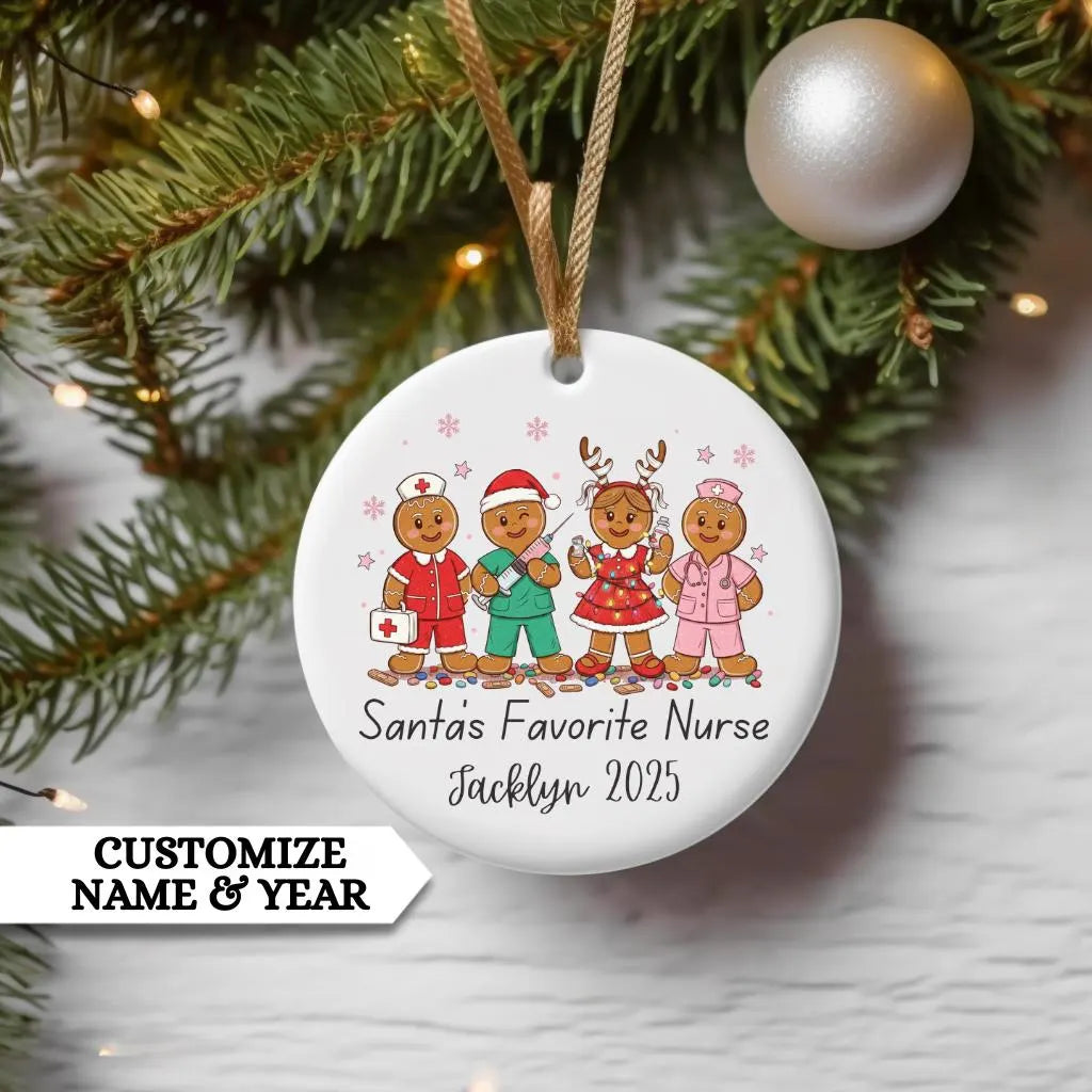 Personalized Nurse Ornament, Santa's Favorite Nurse Ornament, Custom Gift for Nurse, Nursing Christmas Ornament, Gingerbread Nurse Ornament