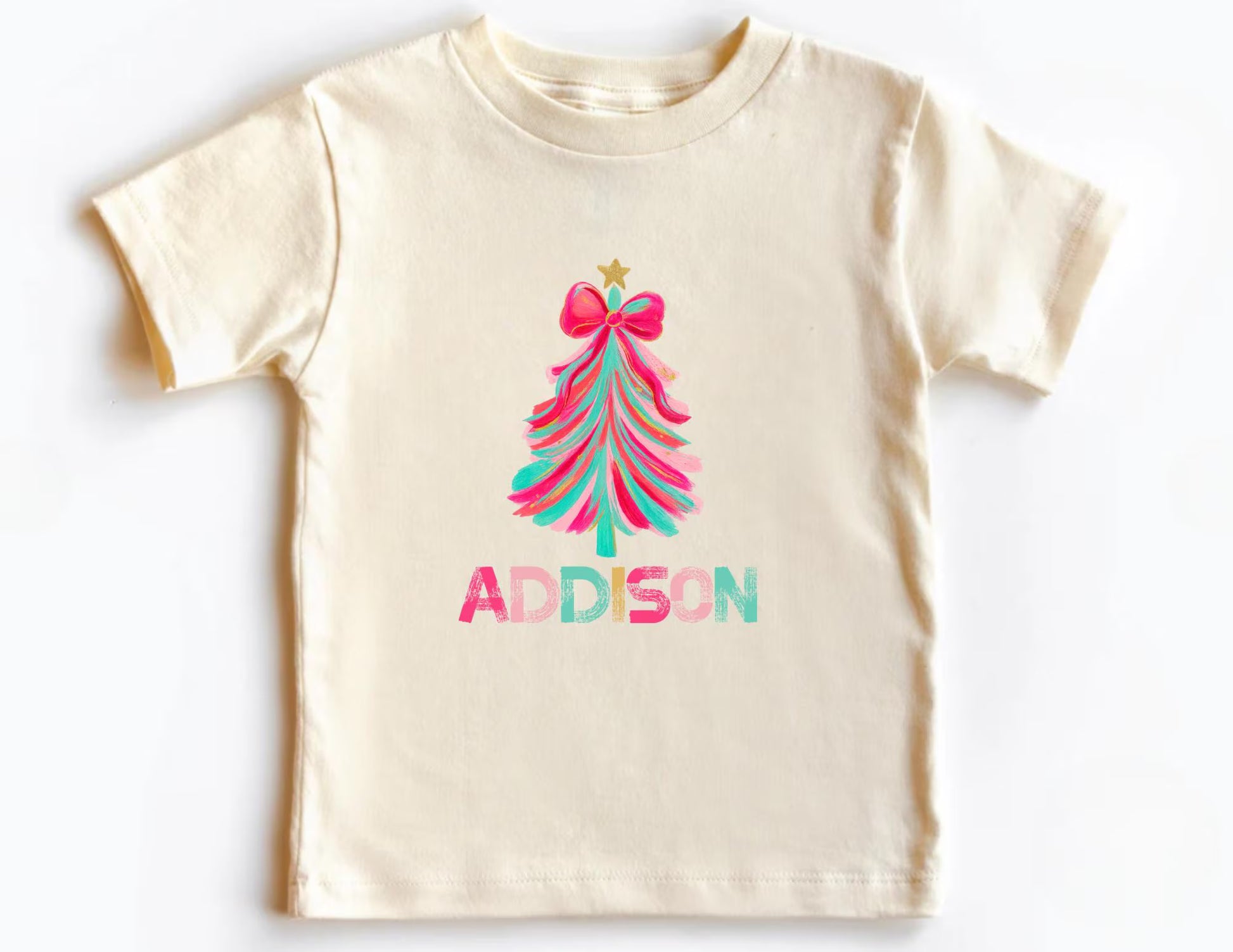Personalized Pink Christmas Tree Kids T-shirt, Pink Bow Tree T-Shirt, Winter Kids Shirt, Christmas Kids Shirt, Coquette Bow Holiday Tee