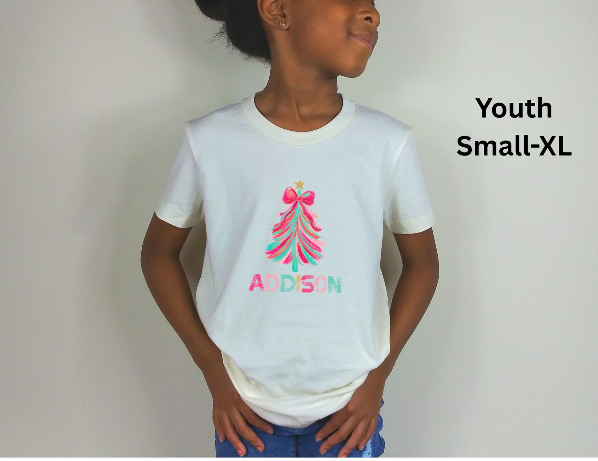 Personalized Pink Christmas Tree Kids T-shirt, Pink Bow Tree T-Shirt, Winter Kids Shirt, Christmas Kids Shirt, Coquette Bow Holiday Tee