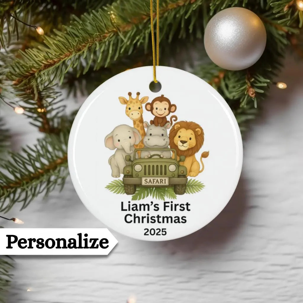Personalized 1st Christmas Ornament, Custom Safari Animal Ornament, Babys First Christmas, Safari Ornament, Custom Christmas Safari Keepsake
