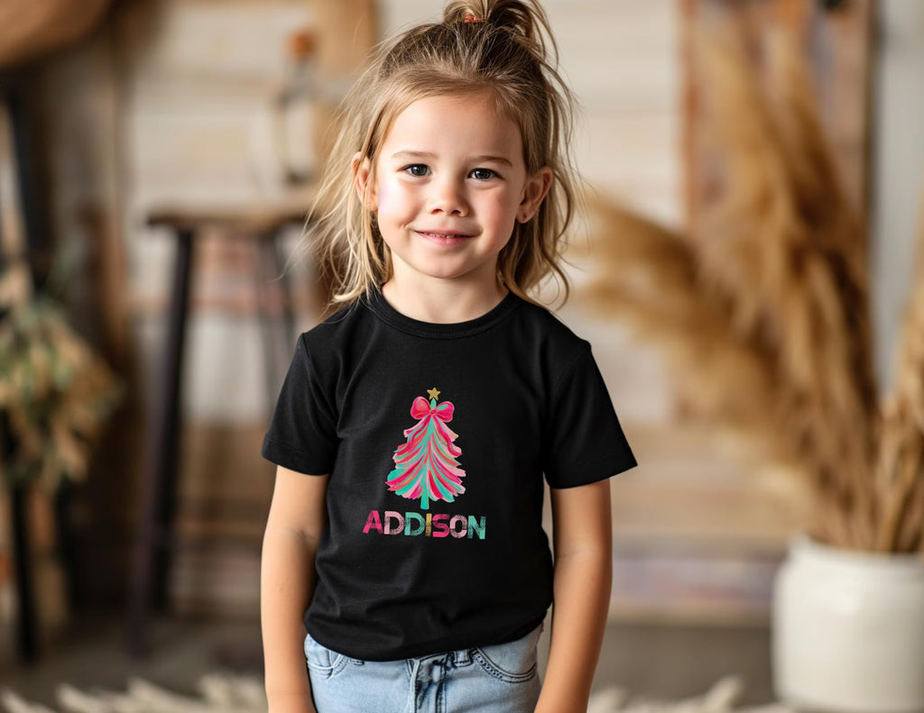 Personalized Pink Christmas Tree Kids T-shirt, Pink Bow Tree T-Shirt, Winter Kids Shirt, Christmas Kids Shirt, Coquette Bow Holiday Tee