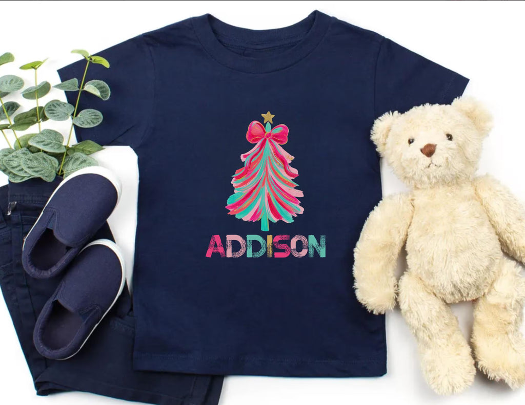 Personalized Pink Christmas Tree Kids T-shirt, Pink Bow Tree T-Shirt, Winter Kids Shirt, Christmas Kids Shirt, Coquette Bow Holiday Tee