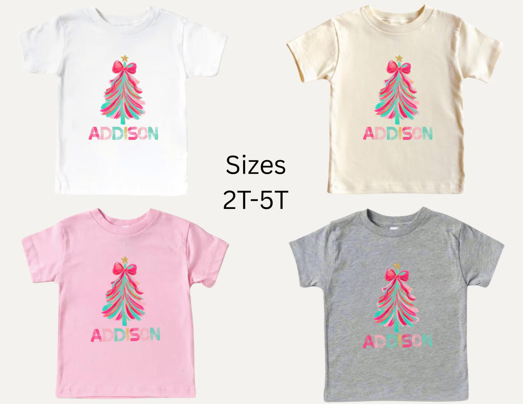 Personalized Pink Christmas Tree Kids T-shirt, Pink Bow Tree T-Shirt, Winter Kids Shirt, Christmas Kids Shirt, Coquette Bow Holiday Tee
