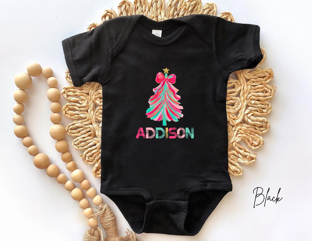 Personalized Pink Christmas Tree Kids T-shirt, Pink Bow Tree T-Shirt, Winter Kids Shirt, Christmas Kids Shirt, Coquette Bow Holiday Tee