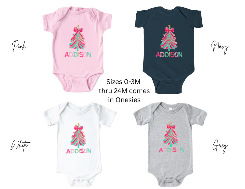Personalized Pink Christmas Tree Kids T-shirt, Pink Bow Tree T-Shirt, Winter Kids Shirt, Christmas Kids Shirt, Coquette Bow Holiday Tee