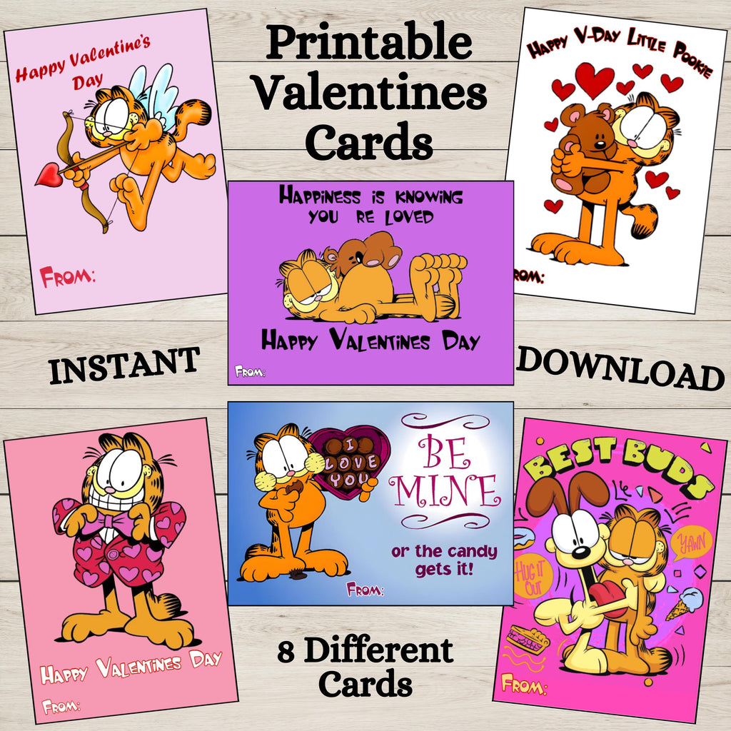 Printable Orange Garfield Cat Valentines Cards, INSTANT DOWNLOAD, Lasagna Cat Valentines, Cartoon Cat Classroom Valentine Cards, Kids Valentine Cards