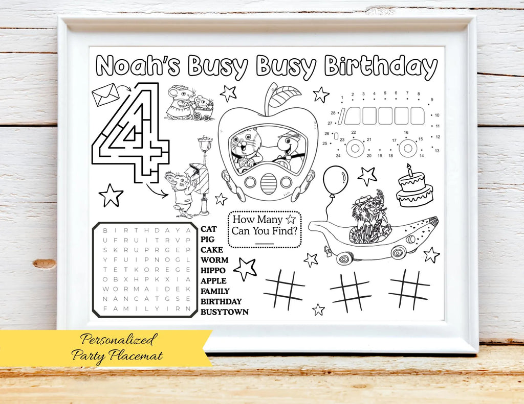 PERSONALIZED Busy Town Birthday Activity Placemat, Animal Town Party Coloring Page, Bus Birthday Party Favor, Storybook Birthday Color Page