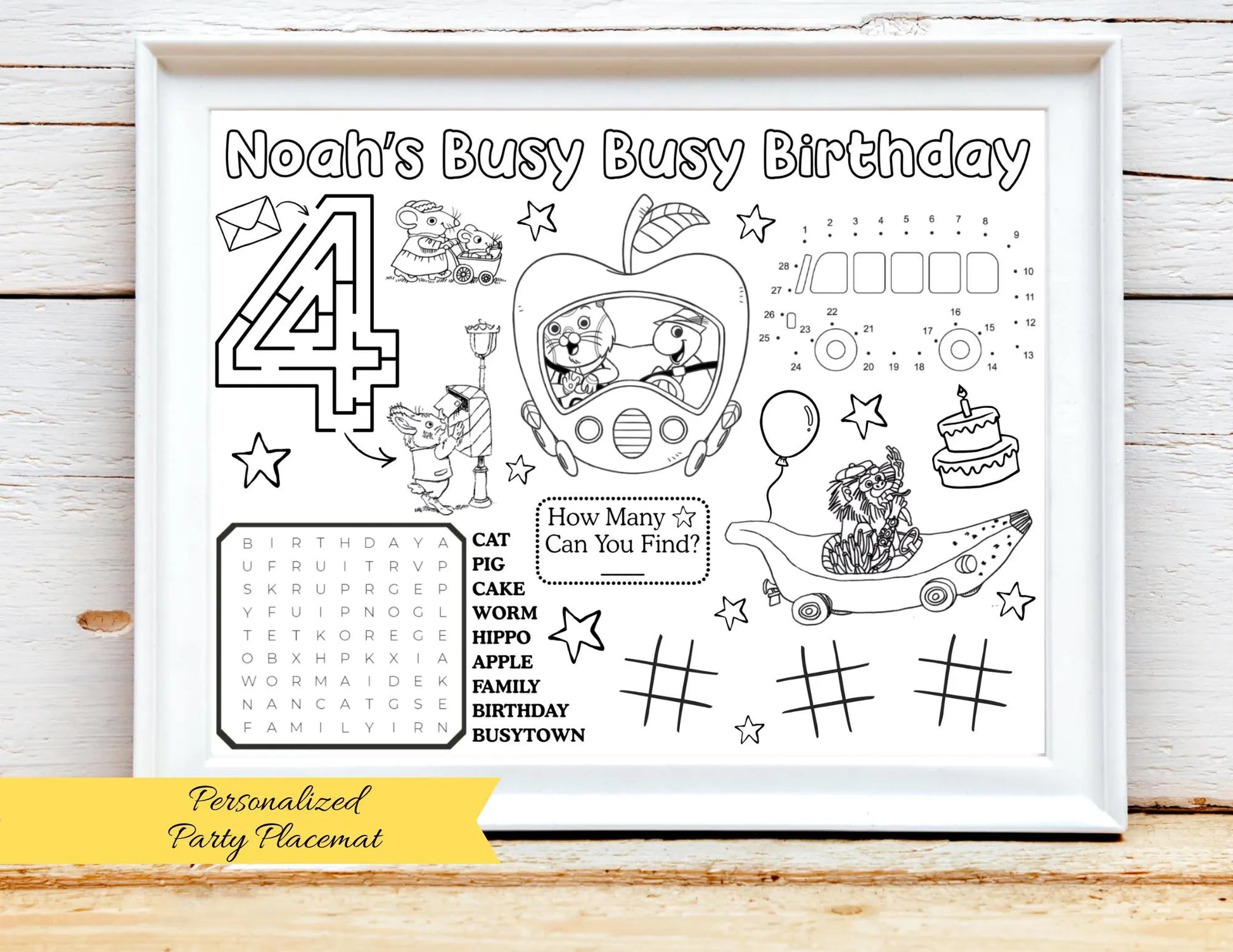 PERSONALIZED Busy Town Birthday Activity Placemat, Animal Town Party Coloring Page, Bus Birthday Party Favor, Storybook Birthday Color Page