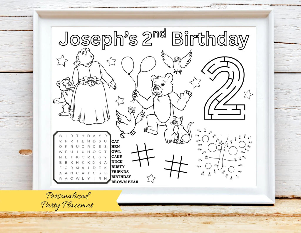 PERSONALIZED Little Bear Birthday Activity Placemat, Brown Bear Party Coloring Page, Storybook Birthday Color Page, Bear Birthday Favors