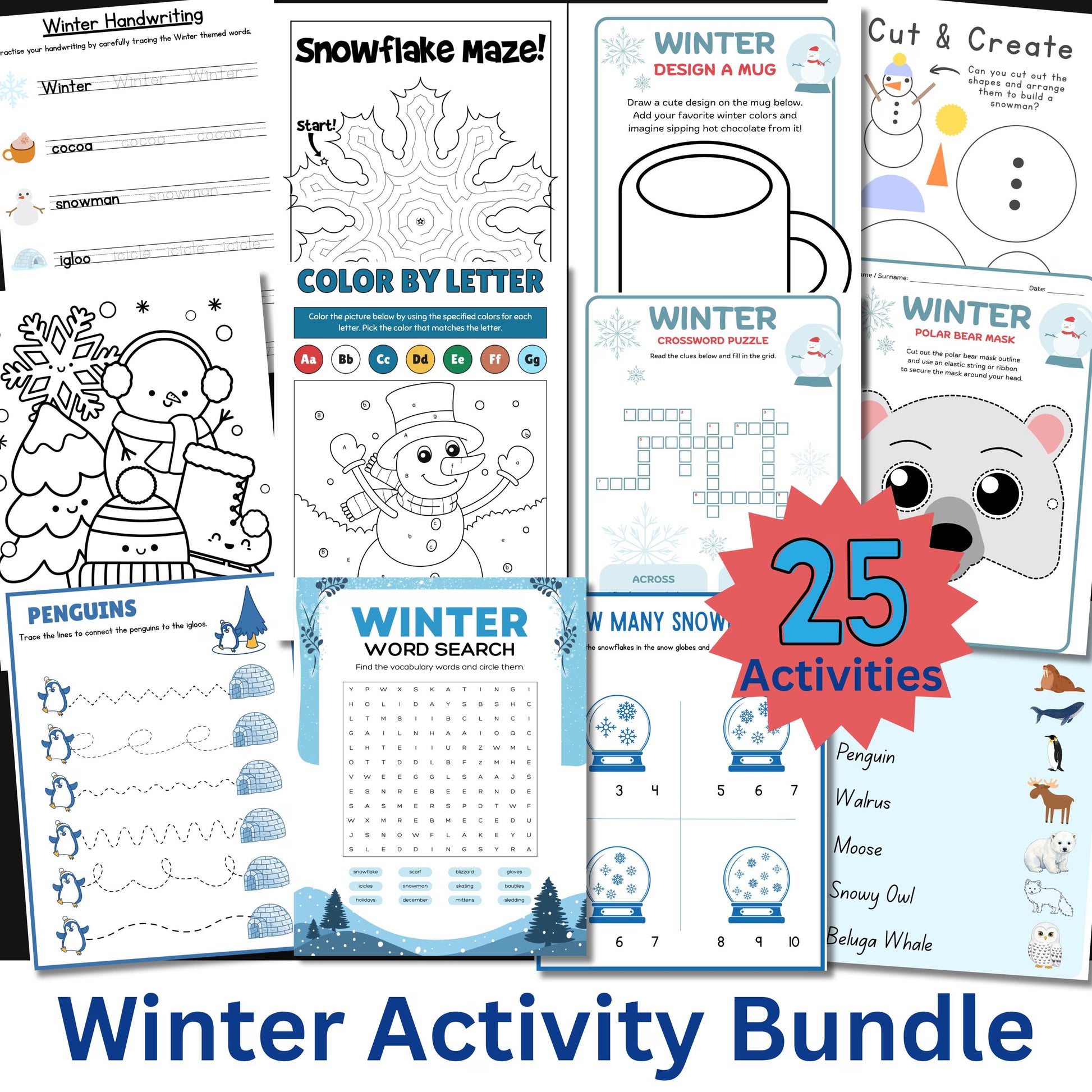 Winter Activity Pack, 25 Page Snow Day Buster Bundle, Winter Coloring, Winter Games, Winter Kids Activities, Snow Day Boredom Buster Pack