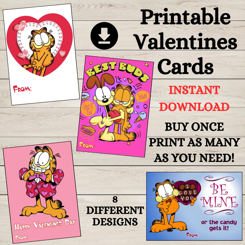 Printable Orange Garfield Cat Valentines Cards, INSTANT DOWNLOAD, Lasagna Cat Valentines, Cartoon Cat Classroom Valentine Cards, Kids Valentine Cards