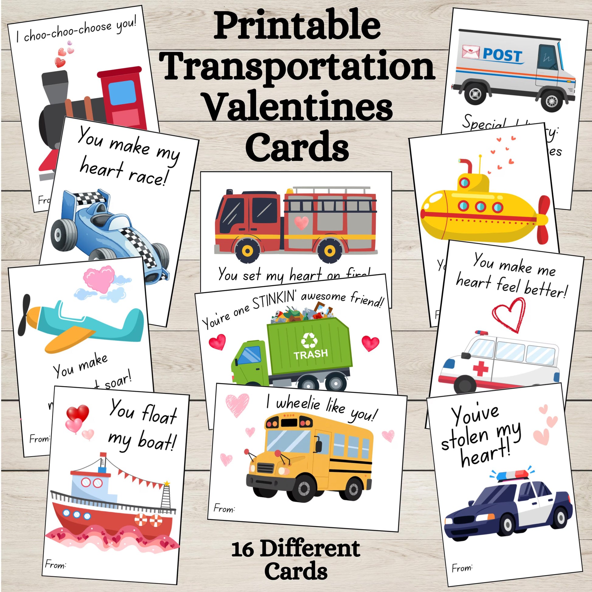 Printable Kids Vehicle Valentines Day Cards, Transportation Valentines Day Tags, Police Fire Truck Garbage Mail Bus Ambulance Classroom