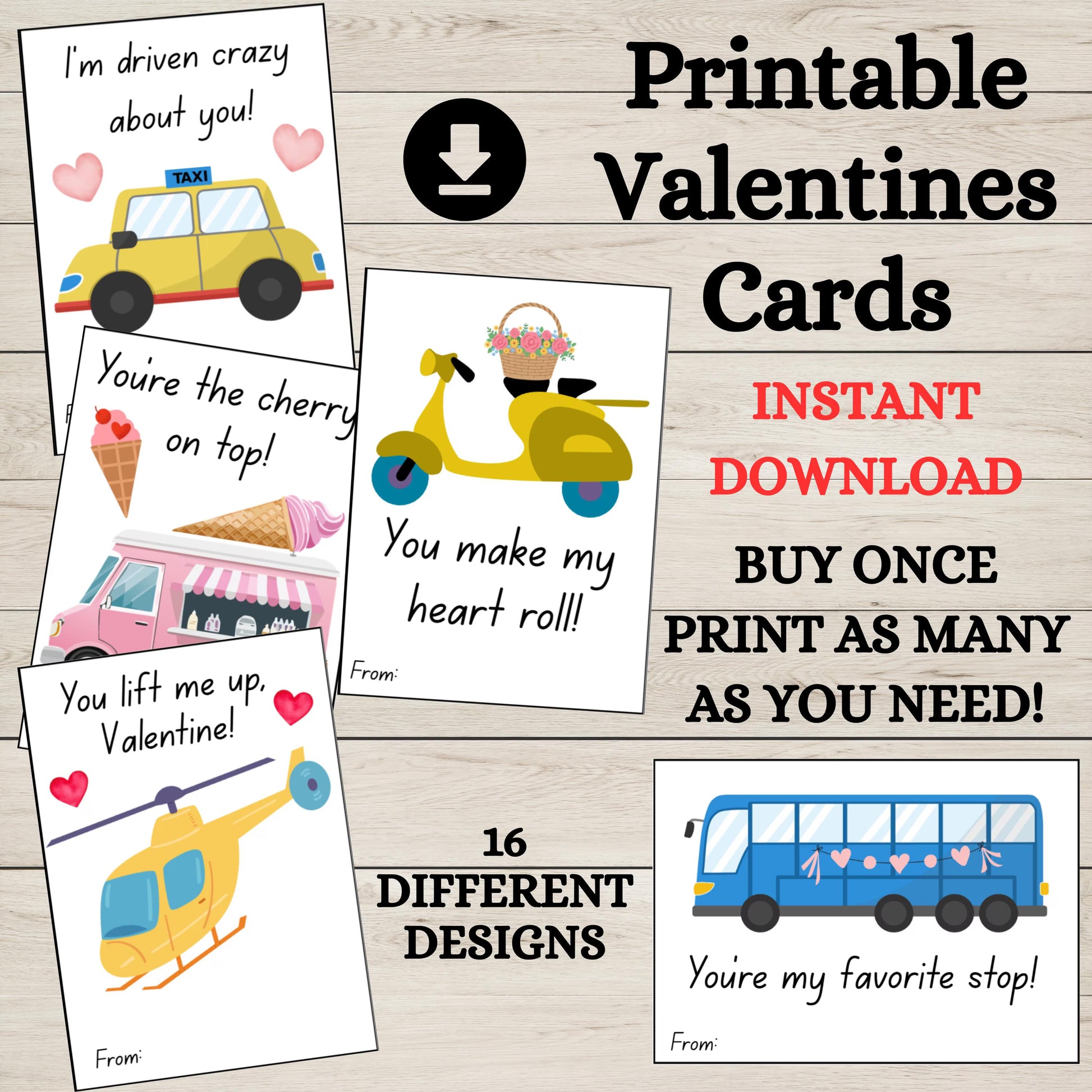 Printable Kids Vehicle Valentines Day Cards, Transportation Valentines Day Tags, Police Fire Truck Garbage Mail Bus Ambulance Classroom