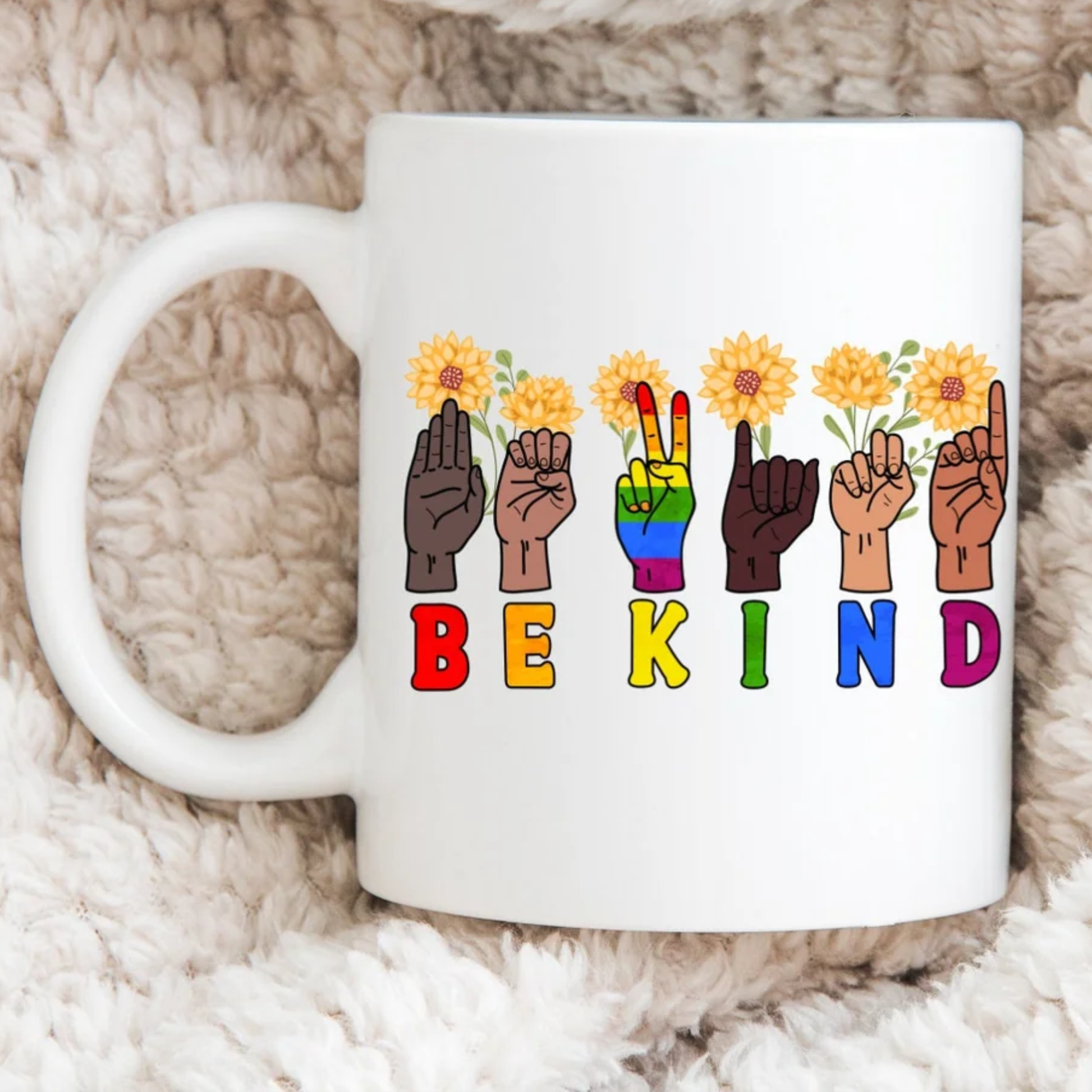 Be Kind Sign Language Mug, ASL Coffee Cup, Sunflower ASL Coffee Cup, Hand Sign Language Mug, Deaf Community Mug, Holiday Gift, Kindness Mug