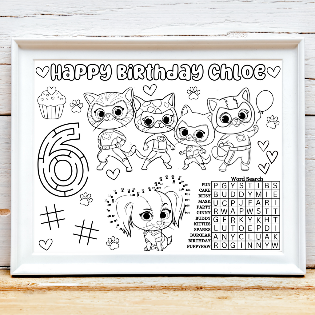 Personalized Super Kitties Birthday Activity Sheet, Custom Super Kitties Superhero Party Favor