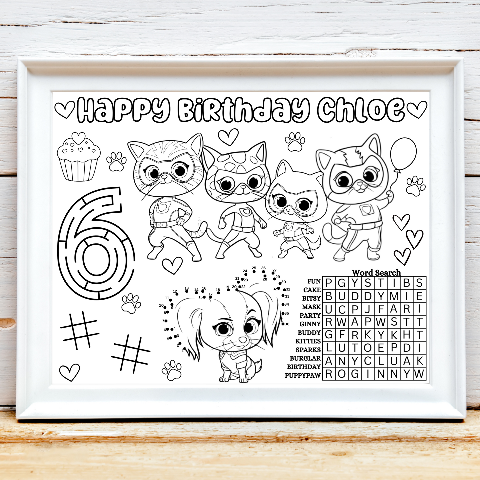 Personalized Super Kitties Birthday Activity Sheet, Custom Super Kitties Superhero Party Favor