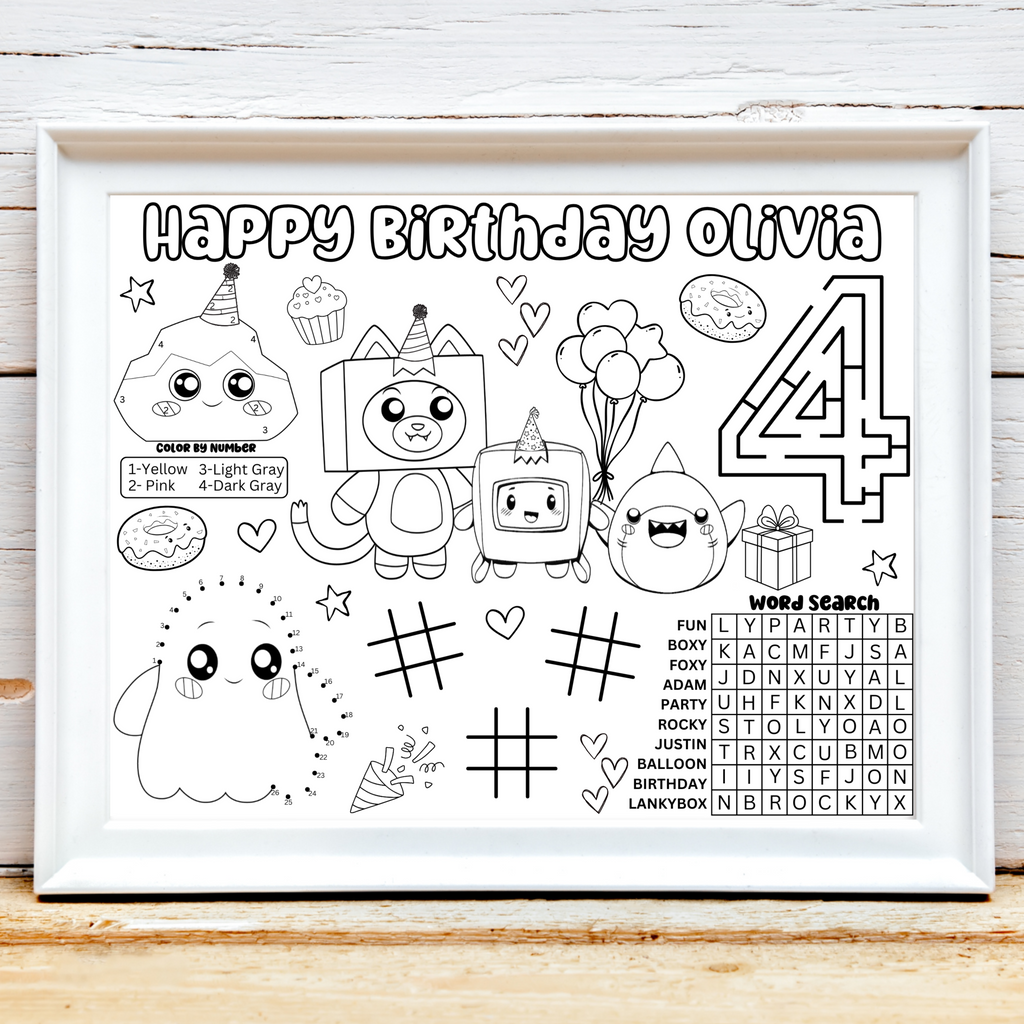 Personalized Lankybox Kitten Birthday Activity Placemat, Foxy, Boxy, Rocky Coloring Page