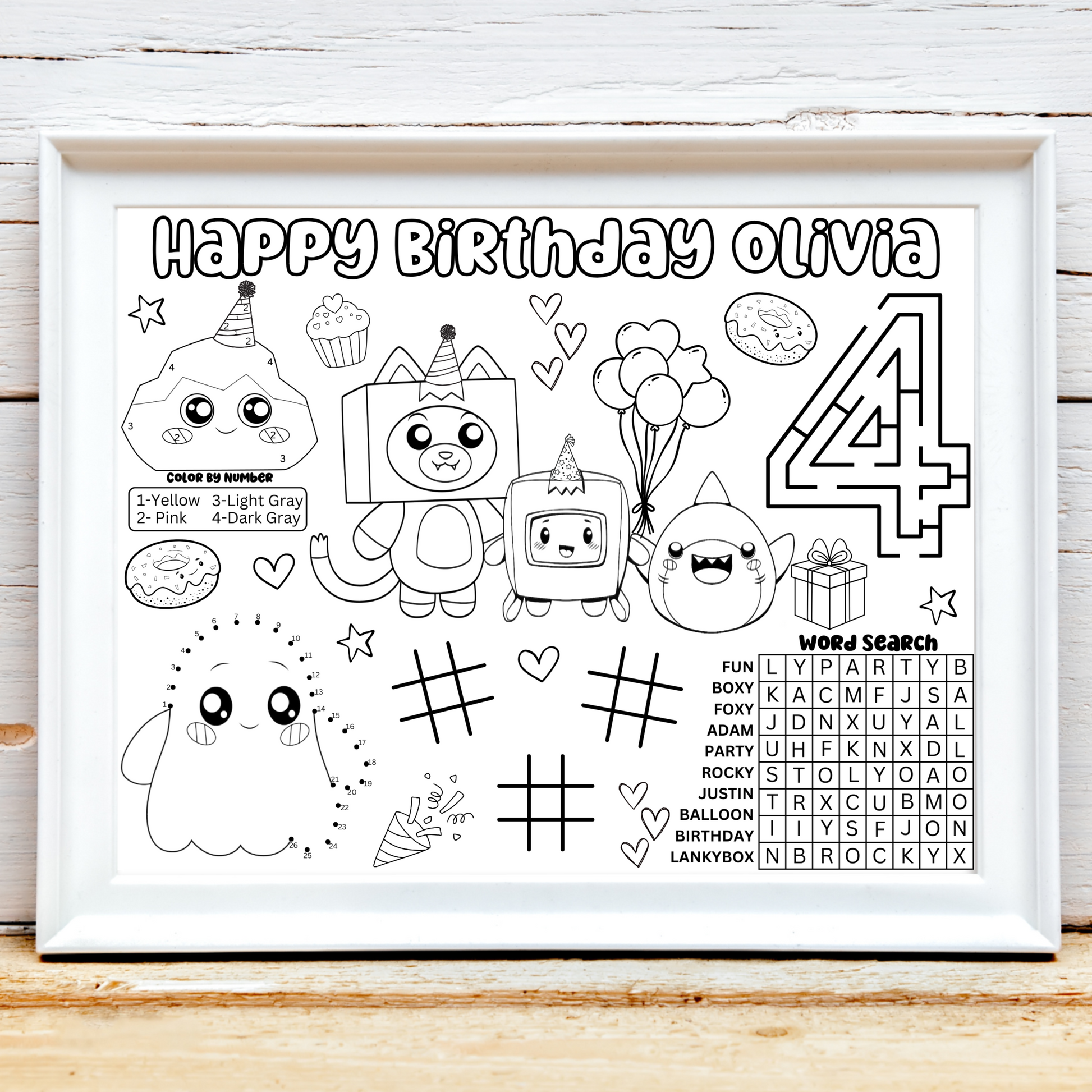 Personalized Lankybox Kitten Birthday Activity Placemat, Foxy, Boxy, Rocky Coloring Page