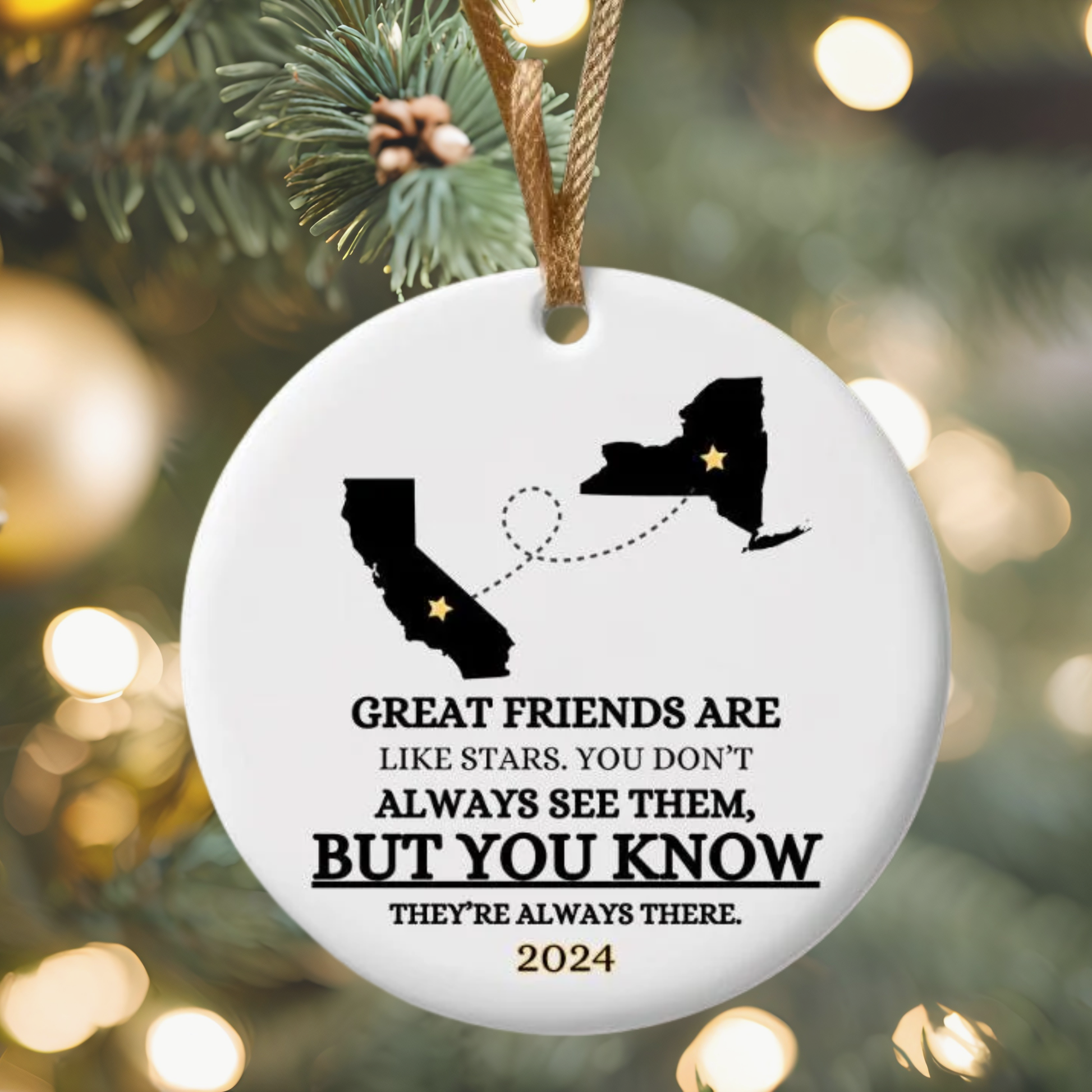 Long Distance Friend Ornament, Personalized Long Distance Gift For Best Friend, Any Two States or Countries, Great Friends Are Like Stars