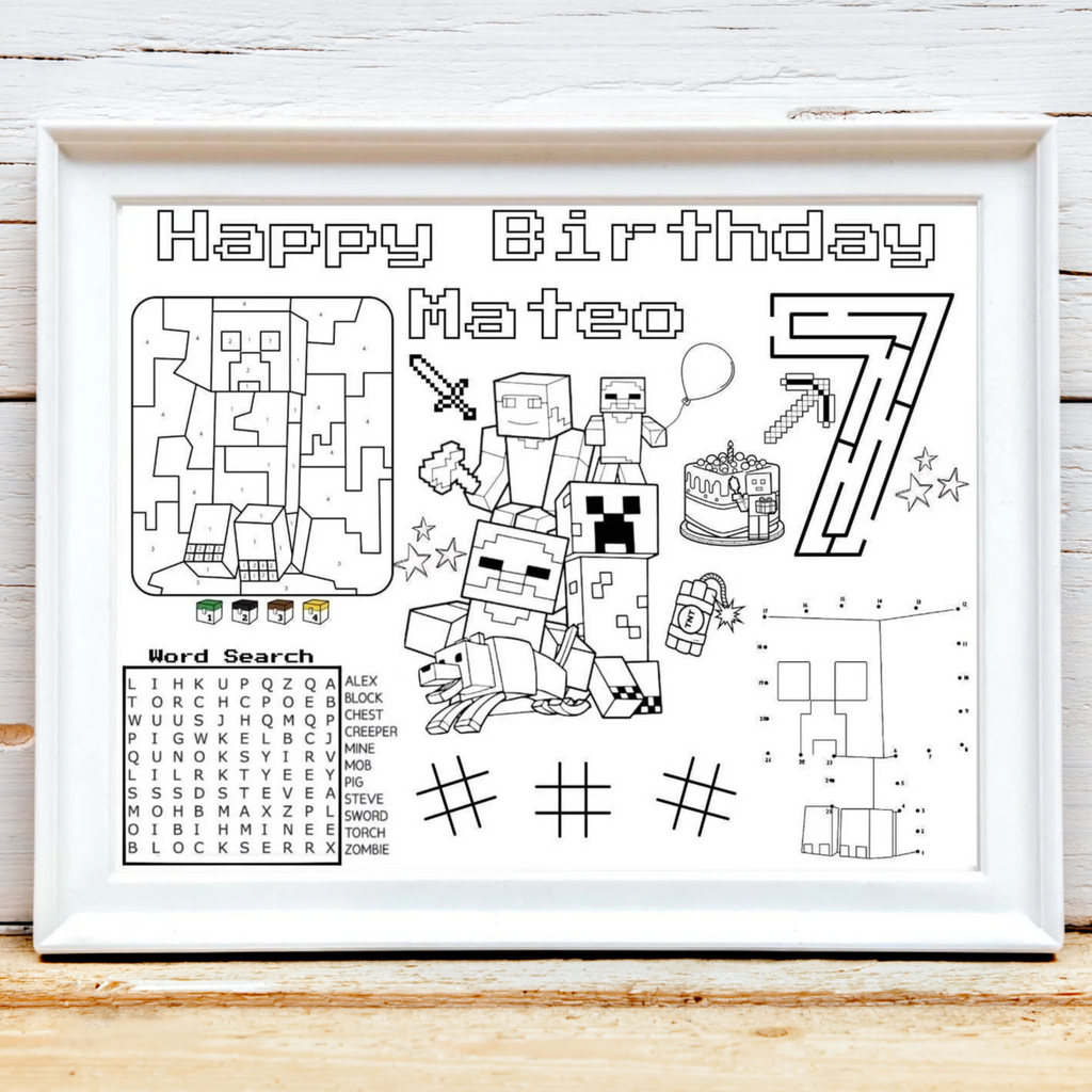Personalized Minecraft Birthday Activity Placemat, Minecraft Party Favor, Gamer Birthday Activity Page, Minecraft Coloring Page
