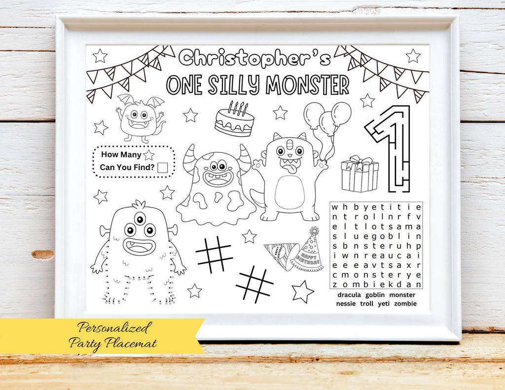 PERSONALIZED One Silly Monster Birthday Activity Sheet, Cute Little Monster Party, Alien Monster Party Placemat, Monster Party Favor Decor