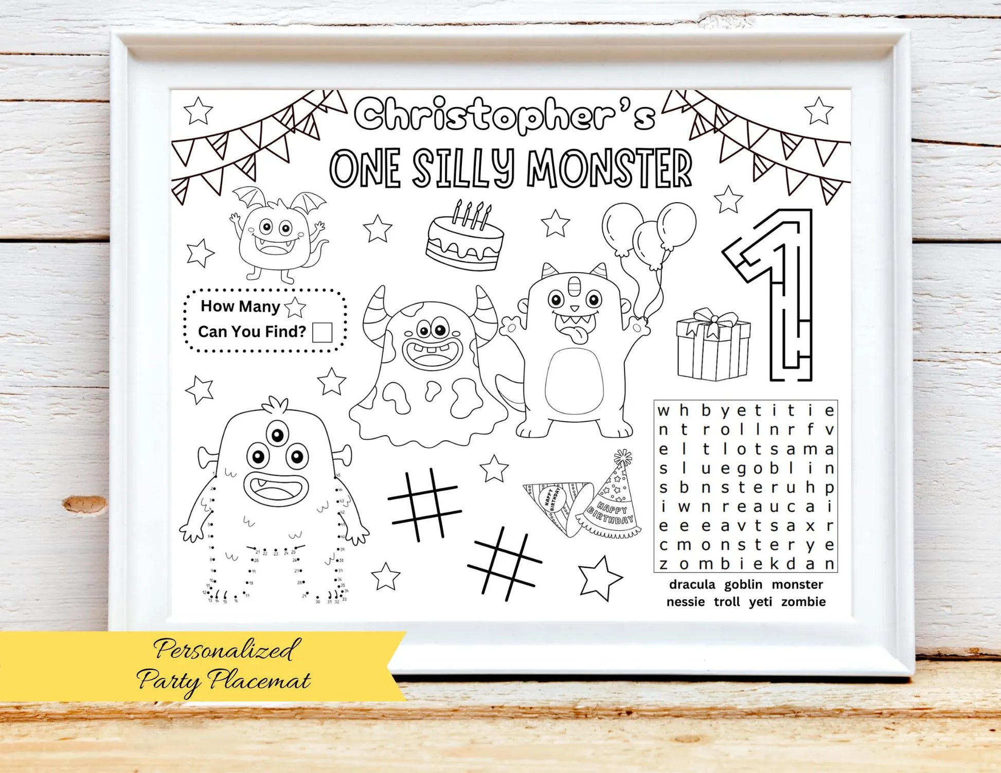PERSONALIZED One Silly Monster Birthday Activity Sheet, Cute Little Monster Party, Alien Monster Party Placemat, Monster Party Favor Decor