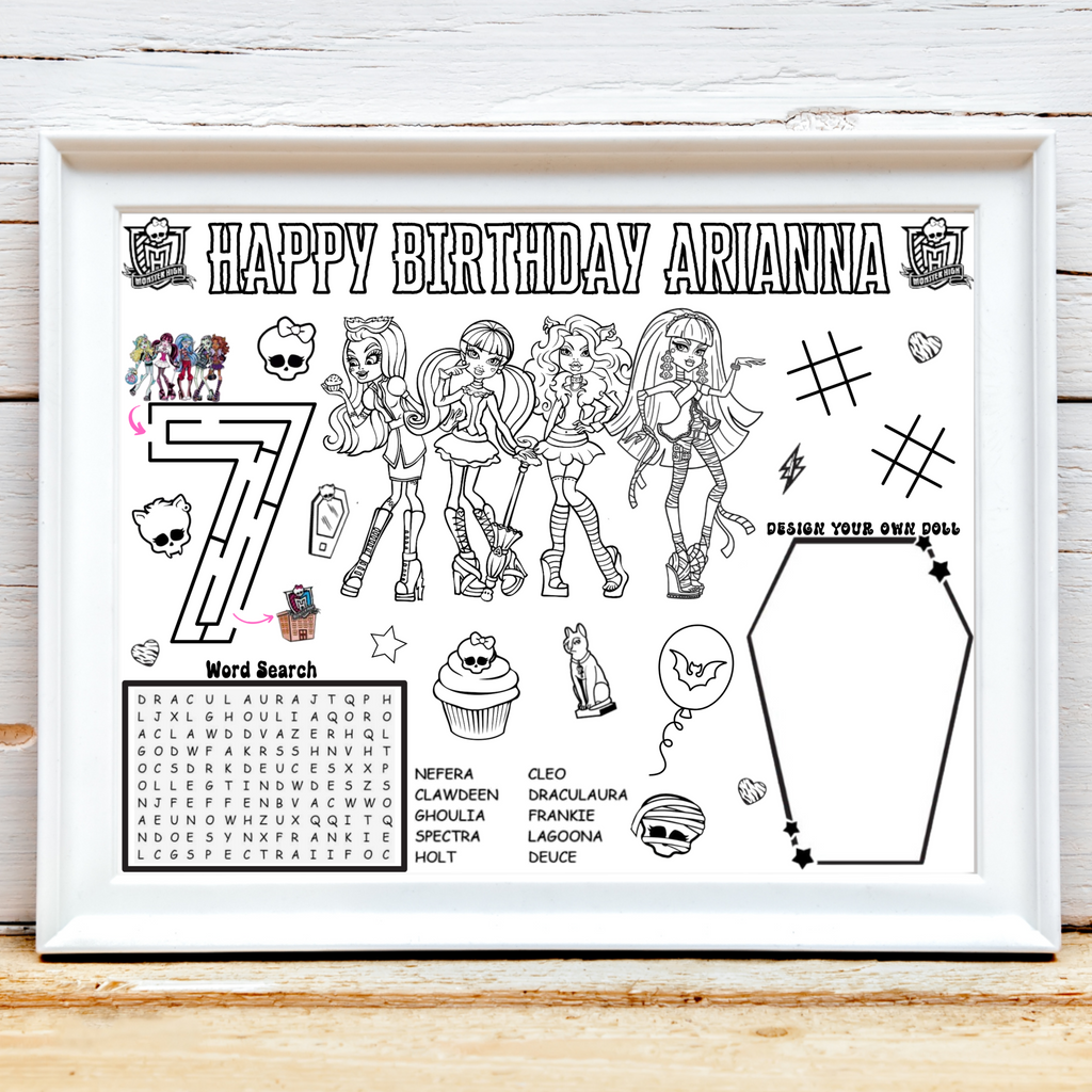 Personalized Monster High Birthday Activity Placemat, Monster High Doll Theme Party Favor