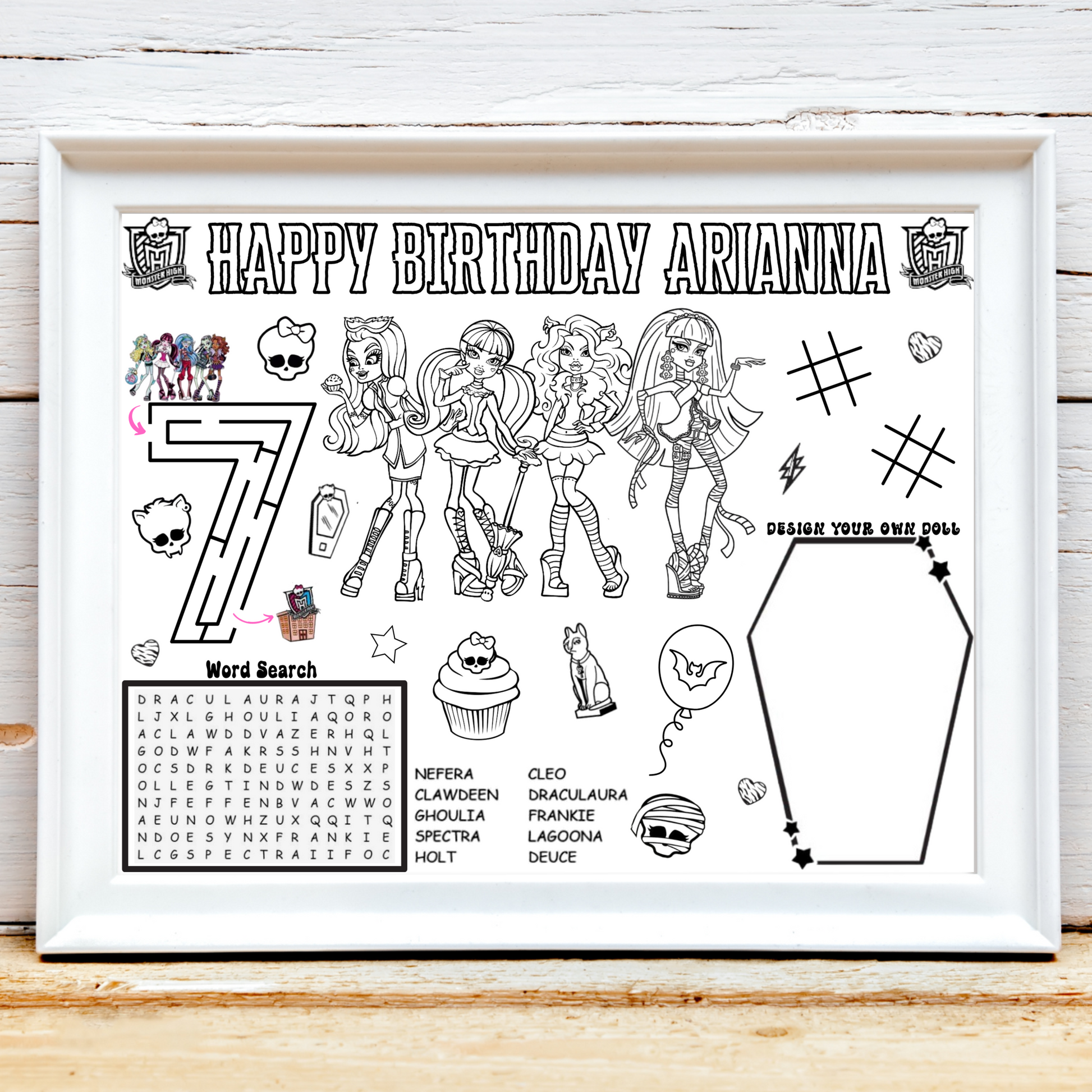 Personalized Monster High Birthday Activity Placemat, Monster High Doll Theme Party Favor