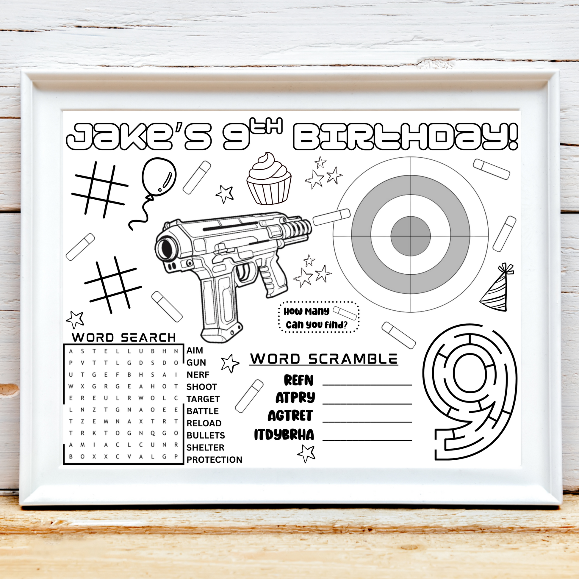Personalized Nerf Gun Birthday Party Activity Placemat