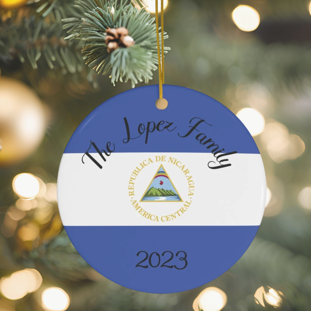 Personalized Nicaragua Ornament Nicaraguan Flag Inspired Blue, White Round Porcelain Ceramic Christmas Ornament Gift Decoration Holiday Gift