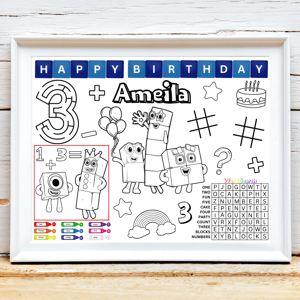 Personalized Numberblocks Birthday Activity Placemat, Numberblocks Party Favor