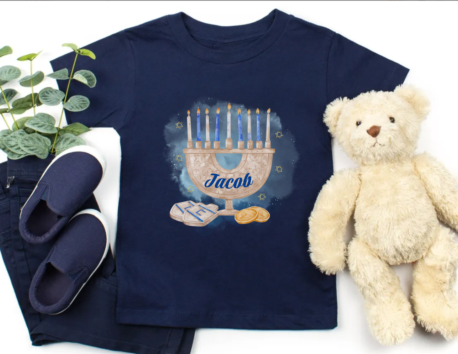 Personalized Menorah Hanukkah Kids Shirt, Toddler Chanukah T-shirt, Jewish Holiday Shirt, Custom Name Hanukkah Shirt
