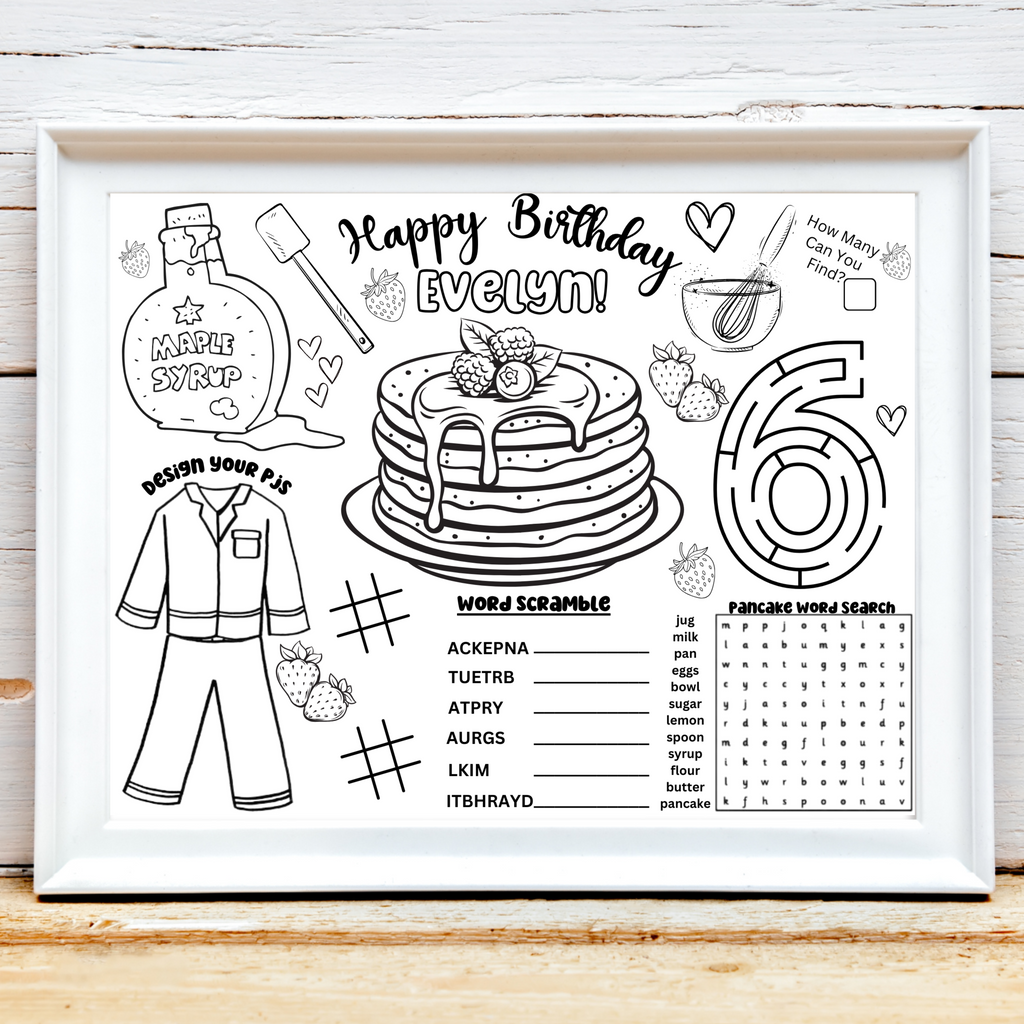 Personalized PJs and Pancakes Birthday Themed Activity Placemat, Pancake Party Coloring Page