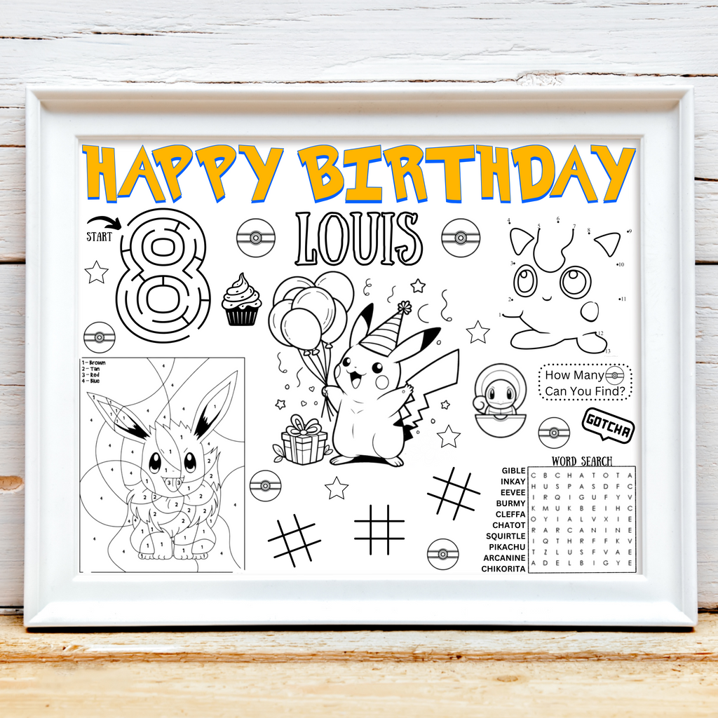 Personalized Pokemon Birthday Activity Placemat, Custom Pokemon Party Favor