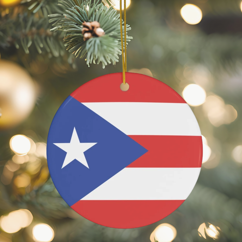 Personalized Puerto Rico Rican Flag Inspired Red Blue White Round Porcelain Ceramic Christmas Ornament Gift Decoration Latina Trip Souvenir