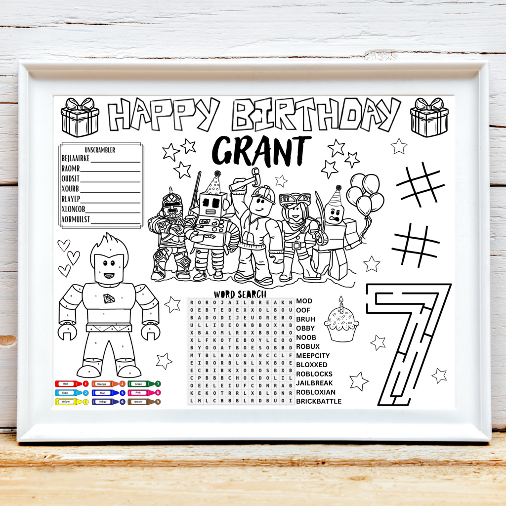 Personalized Roblox Birthday Activity Placemat, Roblox Gamer Coloring Page
