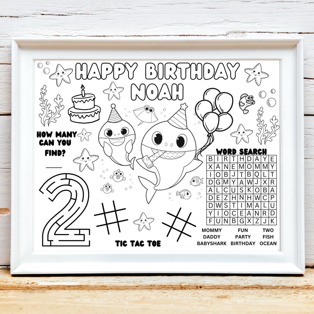 Personalized Baby Shark Birthday Activity Placemat, Custom Baby Shark Party Favor, Baby Shark Coloring Page