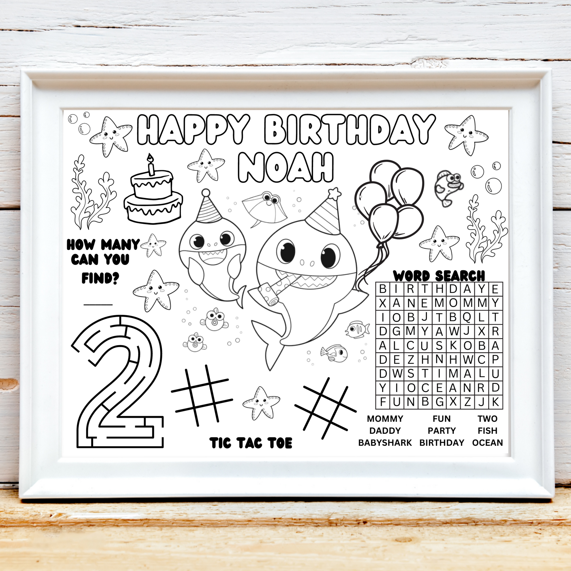 Personalized Baby Shark Birthday Activity Placemat, Custom Baby Shark Party Favor, Baby Shark Coloring Page