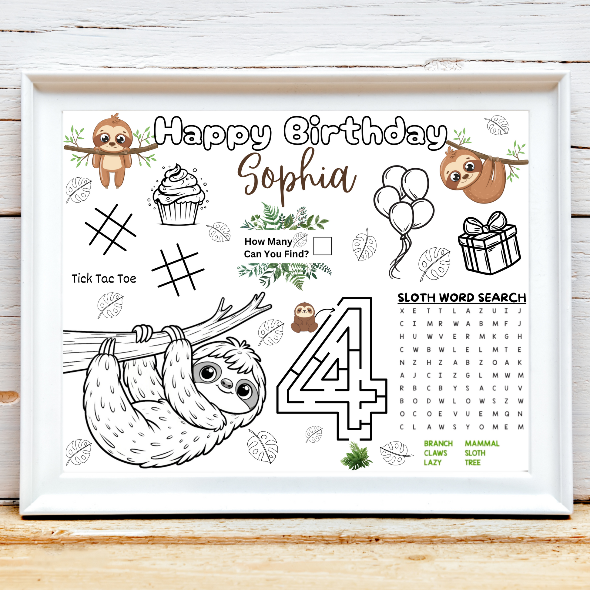 Personalized Sloth Birthday Activity Placemat, Sloth Party Favors, Sloth Party Supplies