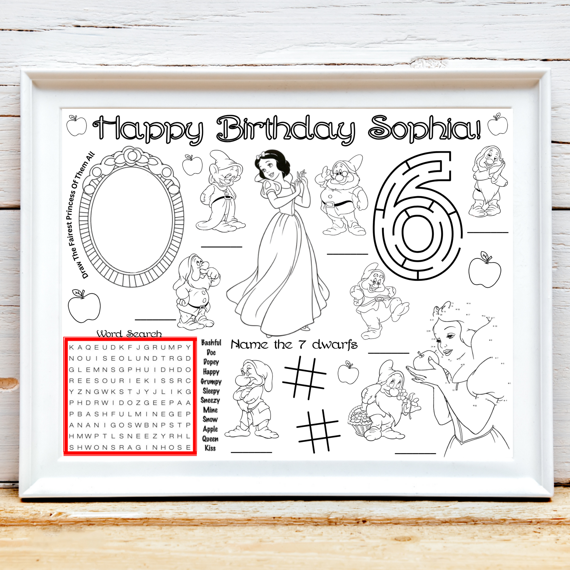 Personalized Snow White Birthday Activity Placemat, Princess Snow White and the Seven Dwarfs Party Favor